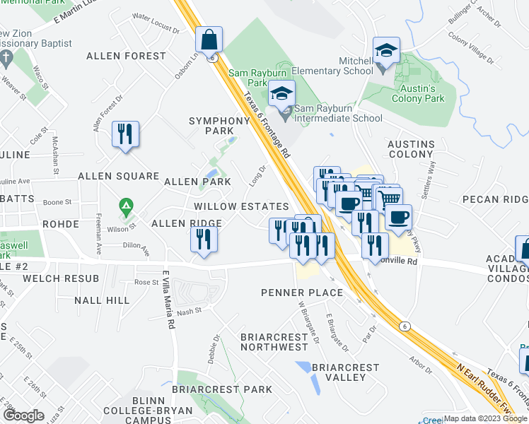 map of restaurants, bars, coffee shops, grocery stores, and more near 2427 Berger Drive in Bryan