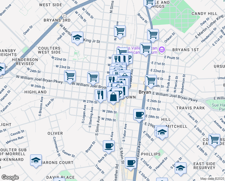 map of restaurants, bars, coffee shops, grocery stores, and more near 211 West Wm J Bryan Parkway in Bryan