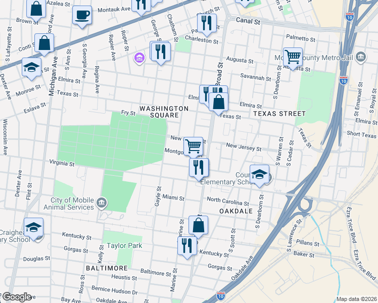 map of restaurants, bars, coffee shops, grocery stores, and more near 953 New Jersey Street in Mobile