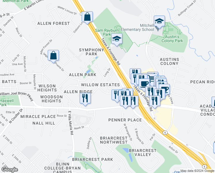 map of restaurants, bars, coffee shops, grocery stores, and more near 1502 Maglothin Court in Bryan