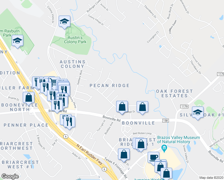 map of restaurants, bars, coffee shops, grocery stores, and more near 3612 Mahan Street in Bryan