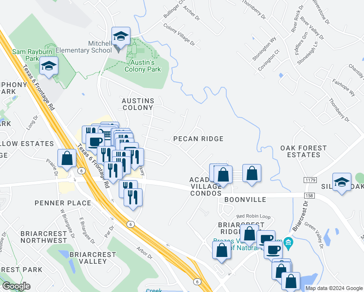map of restaurants, bars, coffee shops, grocery stores, and more near 3602 Elliott Street in Bryan