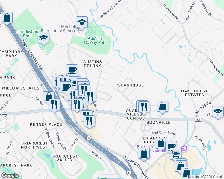 map of restaurants, bars, coffee shops, grocery stores, and more near 2310 Pecan Ridge Drive in Bryan