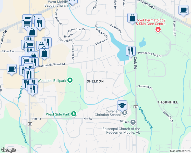 map of restaurants, bars, coffee shops, grocery stores, and more near 755 Willow Springs Drive in Mobile