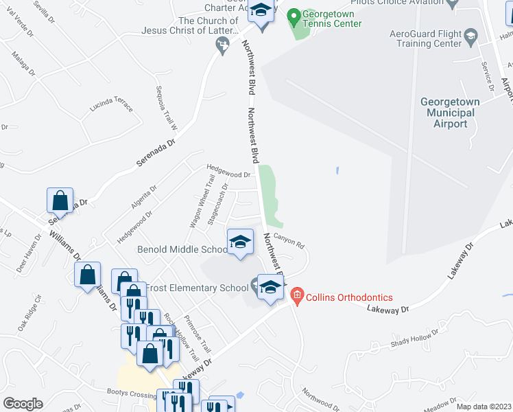map of restaurants, bars, coffee shops, grocery stores, and more near 117 Pecos Court in Georgetown