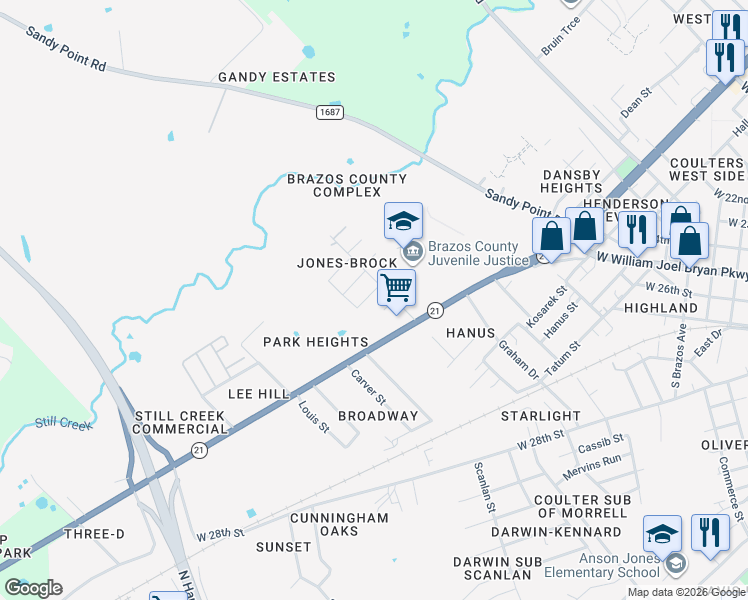 map of restaurants, bars, coffee shops, grocery stores, and more near 1707 Newton Street in Bryan