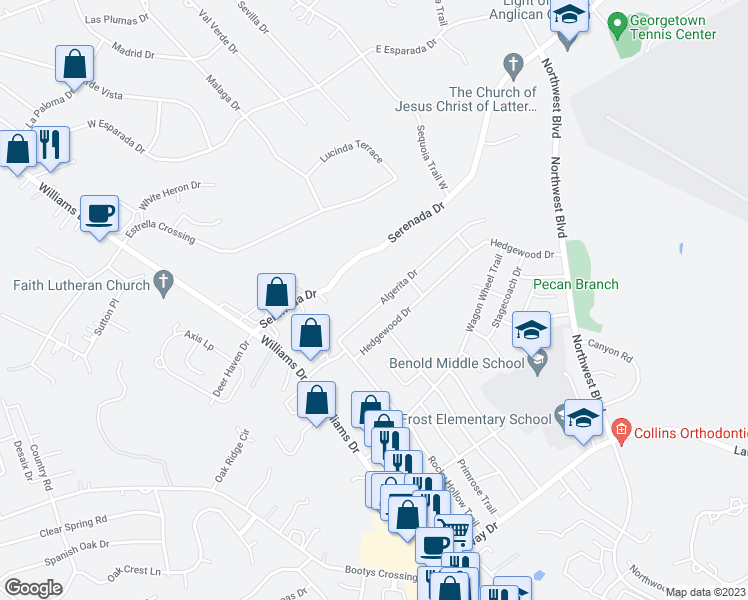 map of restaurants, bars, coffee shops, grocery stores, and more near 503 Algerita Drive in Georgetown