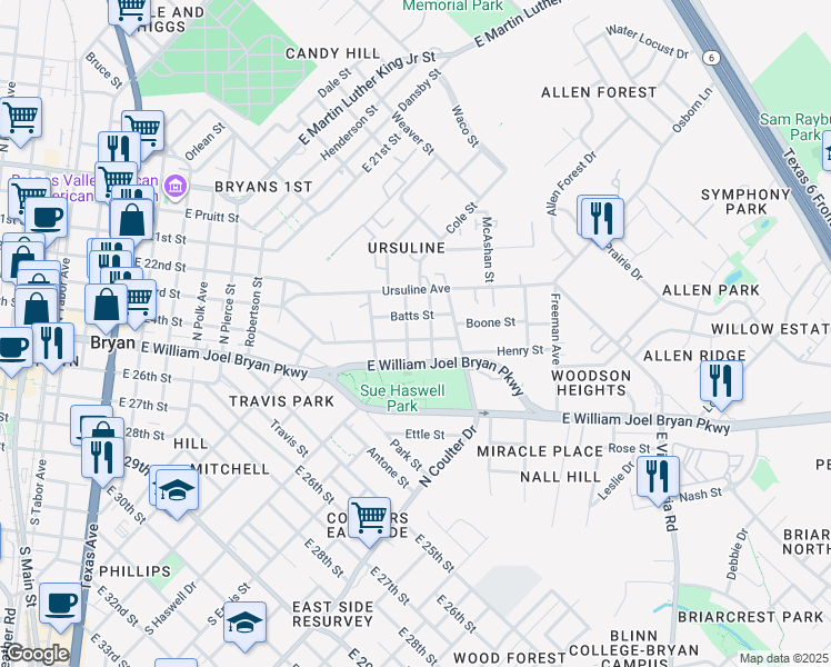 map of restaurants, bars, coffee shops, grocery stores, and more near 1301 Batts Street in Bryan