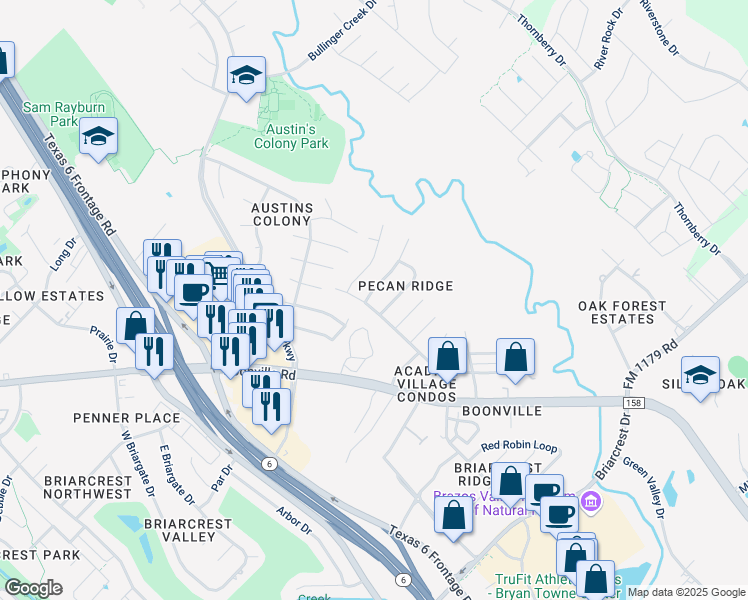 map of restaurants, bars, coffee shops, grocery stores, and more near 3600 Elliott Street in Bryan