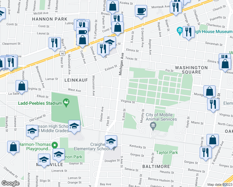 map of restaurants, bars, coffee shops, grocery stores, and more near 456 Michigan Avenue in Mobile