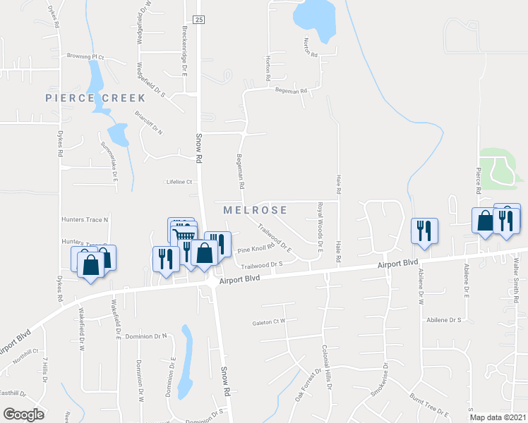 map of restaurants, bars, coffee shops, grocery stores, and more near 720 Royal Woods Drive West in Mobile