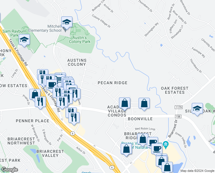 map of restaurants, bars, coffee shops, grocery stores, and more near 3605 Mahan Street in Bryan