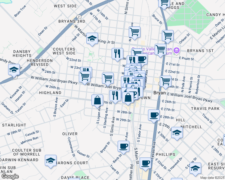 map of restaurants, bars, coffee shops, grocery stores, and more near 401 West Wm J Bryan Parkway in Bryan