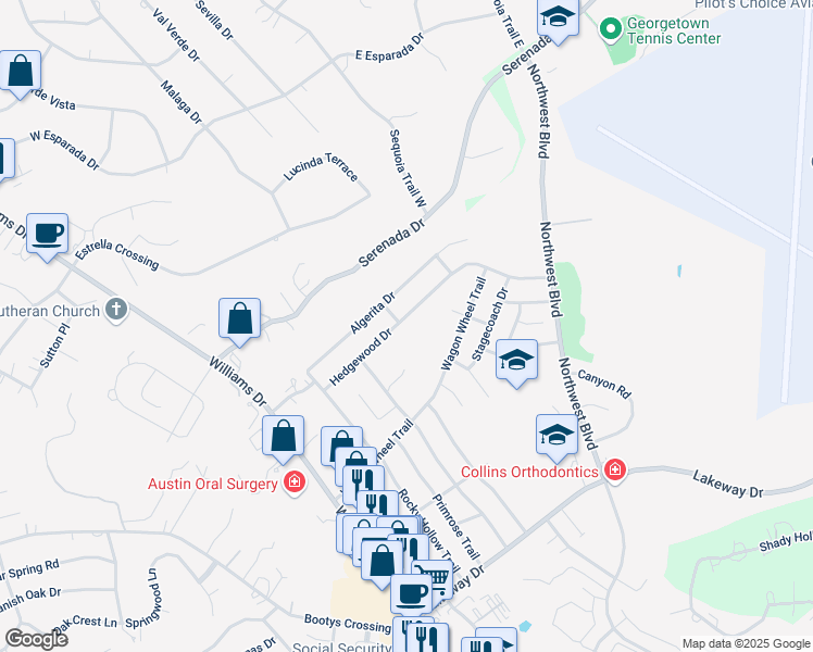 map of restaurants, bars, coffee shops, grocery stores, and more near 702 Hedgewood Drive in Georgetown