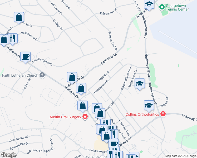 map of restaurants, bars, coffee shops, grocery stores, and more near 503 Algerita Drive in Georgetown