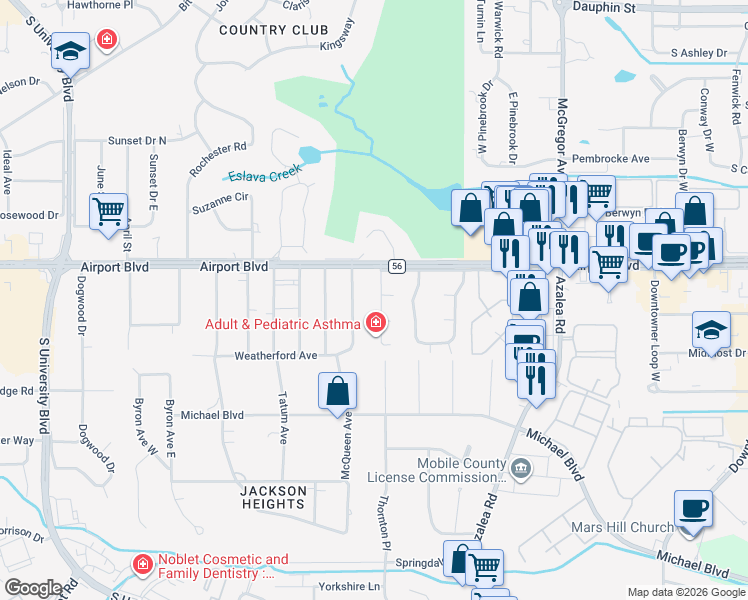 map of restaurants, bars, coffee shops, grocery stores, and more near 708 Spring Station Rd in Mobile
