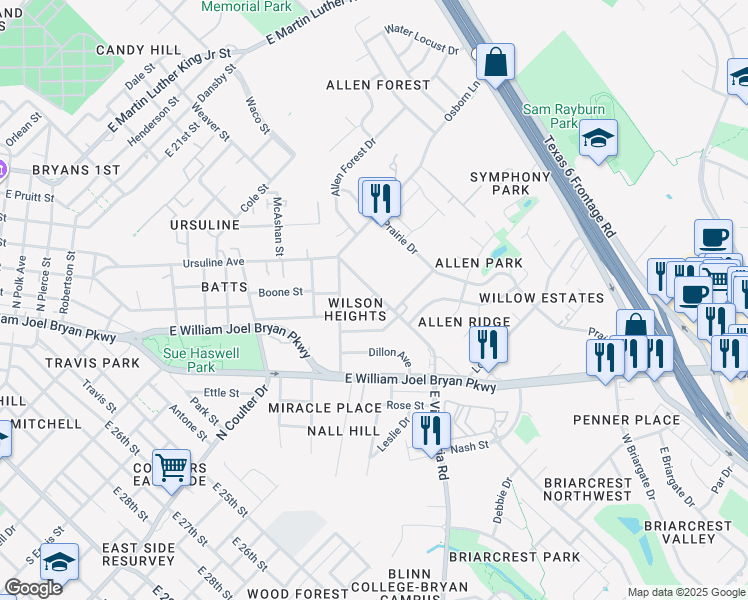 map of restaurants, bars, coffee shops, grocery stores, and more near 3109 East Villa Maria Road in Bryan