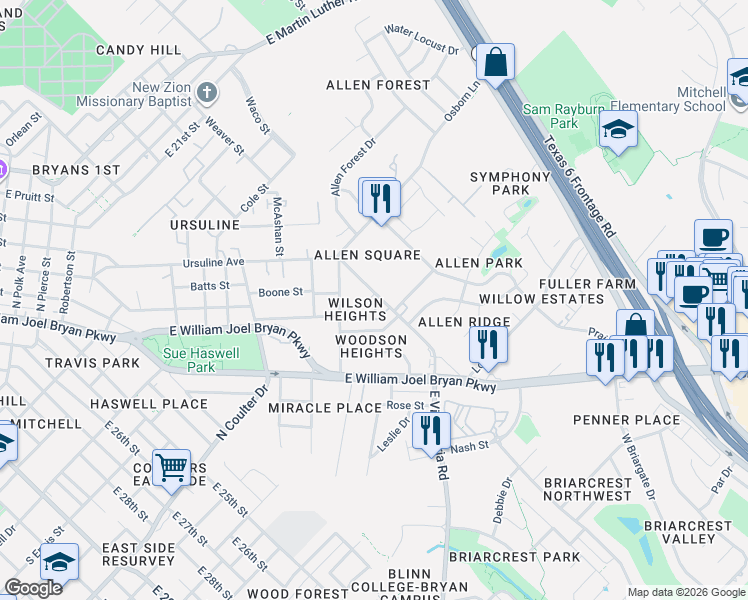 map of restaurants, bars, coffee shops, grocery stores, and more near 3109 East Villa Maria Road in Bryan