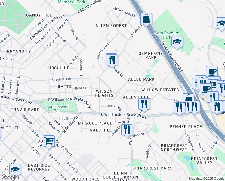 map of restaurants, bars, coffee shops, grocery stores, and more near 3130 East Villa Maria Road in Bryan