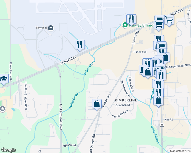 map of restaurants, bars, coffee shops, grocery stores, and more near 701-799 Abbey Way in Mobile