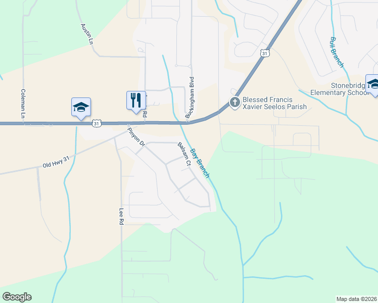 map of restaurants, bars, coffee shops, grocery stores, and more near 11787 Balsam Court in Spanish Fort