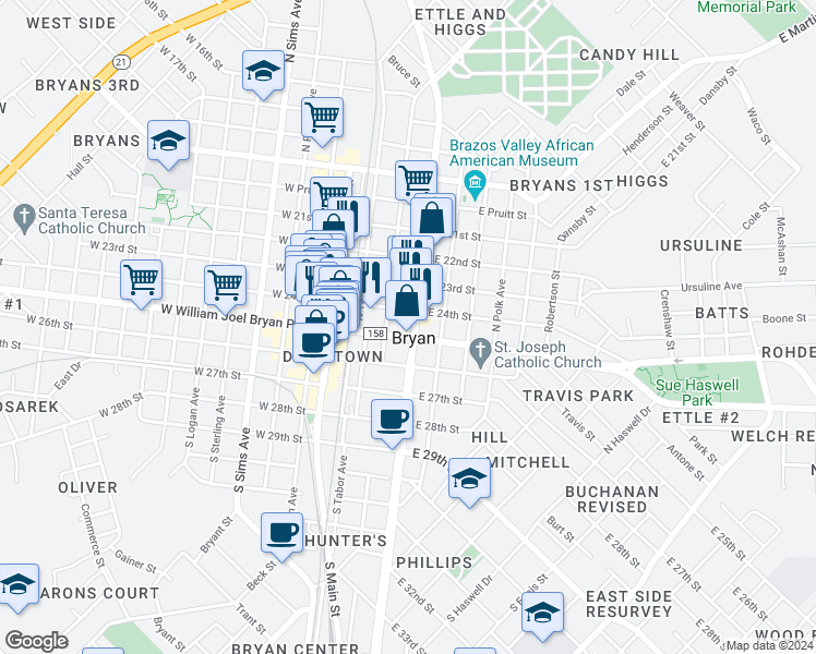 map of restaurants, bars, coffee shops, grocery stores, and more near 208 North Texas Avenue in Bryan