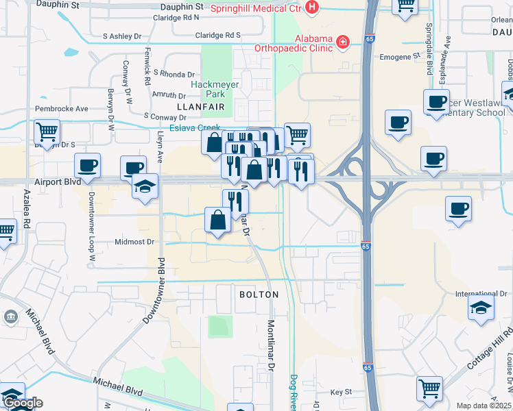 map of restaurants, bars, coffee shops, grocery stores, and more near 831 Montlimar Drive in Mobile