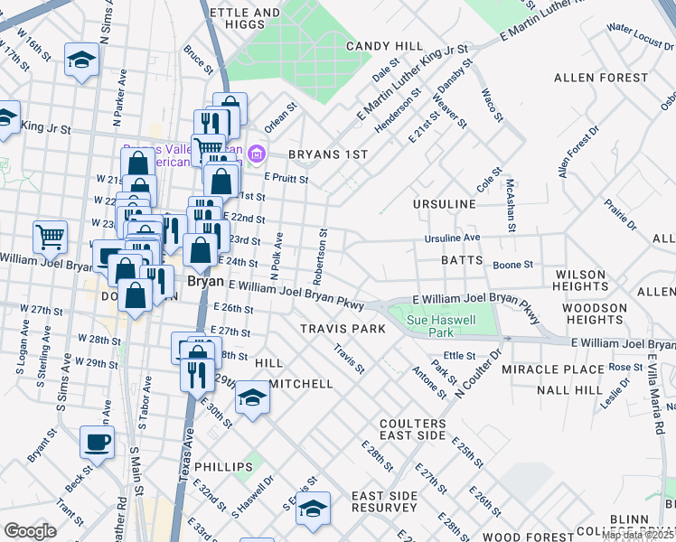 map of restaurants, bars, coffee shops, grocery stores, and more near 1007 East 23rd Street in Bryan