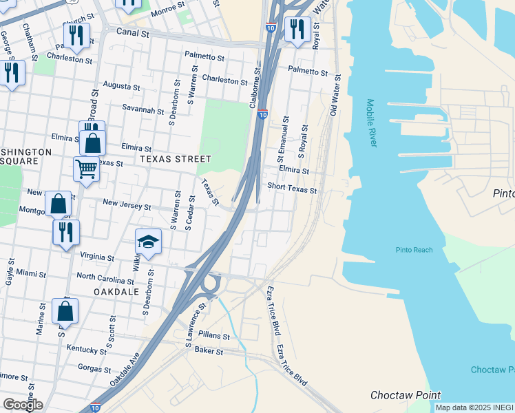 map of restaurants, bars, coffee shops, grocery stores, and more near South Conception Street in Mobile