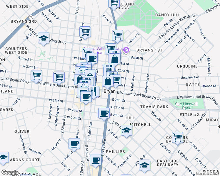 map of restaurants, bars, coffee shops, grocery stores, and more near 216 North Texas Avenue in Bryan