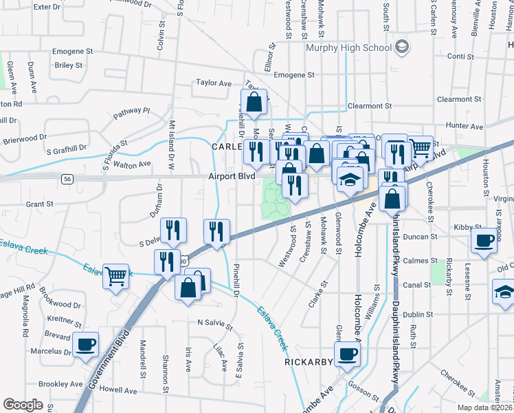 map of restaurants, bars, coffee shops, grocery stores, and more near 351 Morgan Avenue in Mobile
