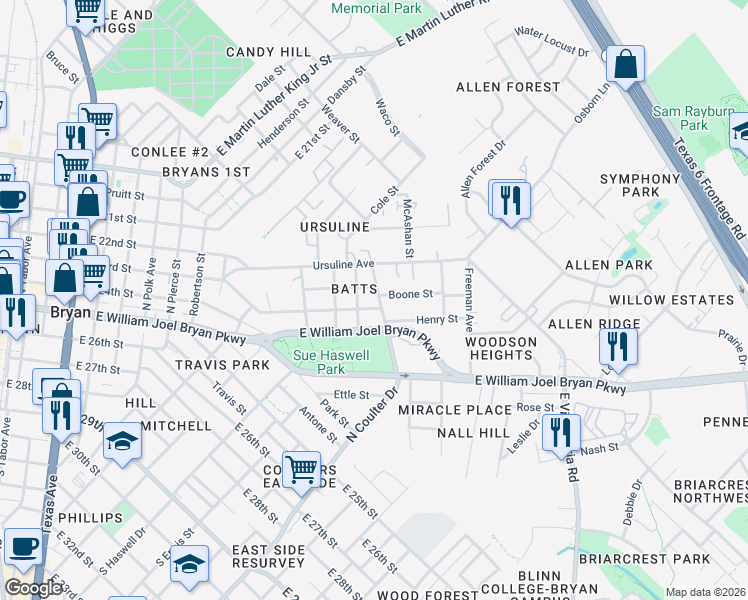 map of restaurants, bars, coffee shops, grocery stores, and more near 706 North Coulter Drive in Bryan