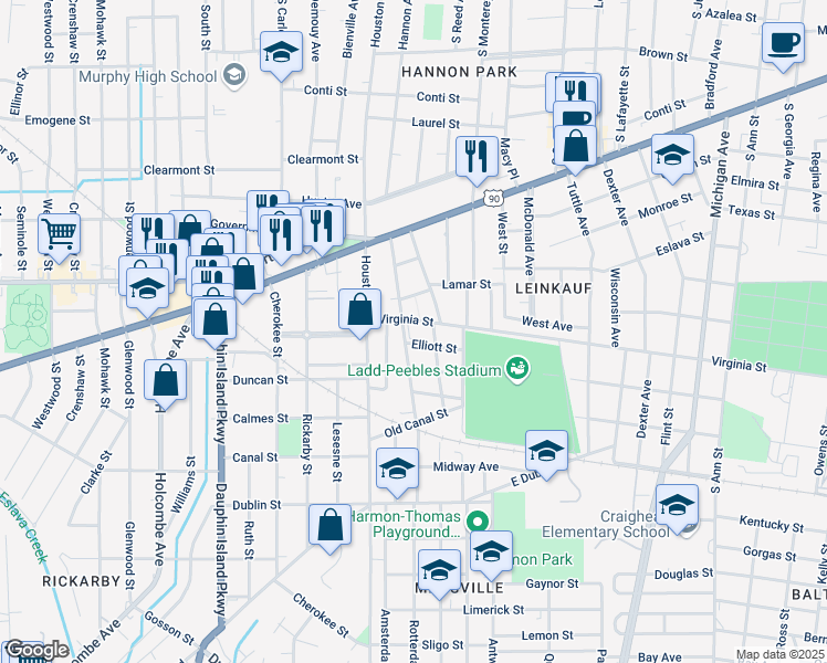 map of restaurants, bars, coffee shops, grocery stores, and more near 402 Weinacker Avenue in Mobile