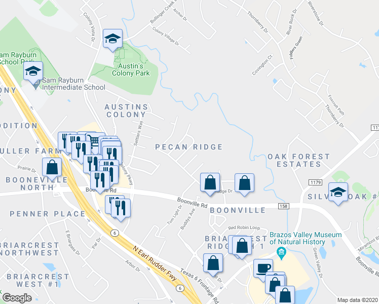 map of restaurants, bars, coffee shops, grocery stores, and more near 3612 Mahan Street in Bryan