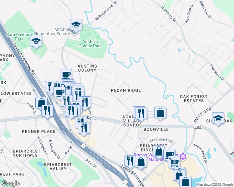 map of restaurants, bars, coffee shops, grocery stores, and more near 3602 Elliott Street in Bryan