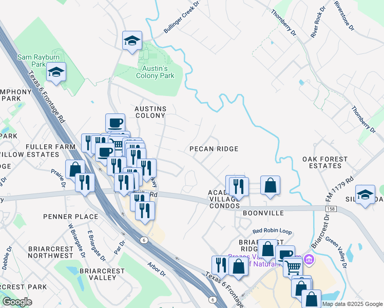 map of restaurants, bars, coffee shops, grocery stores, and more near 3602 Elliott Street in Bryan