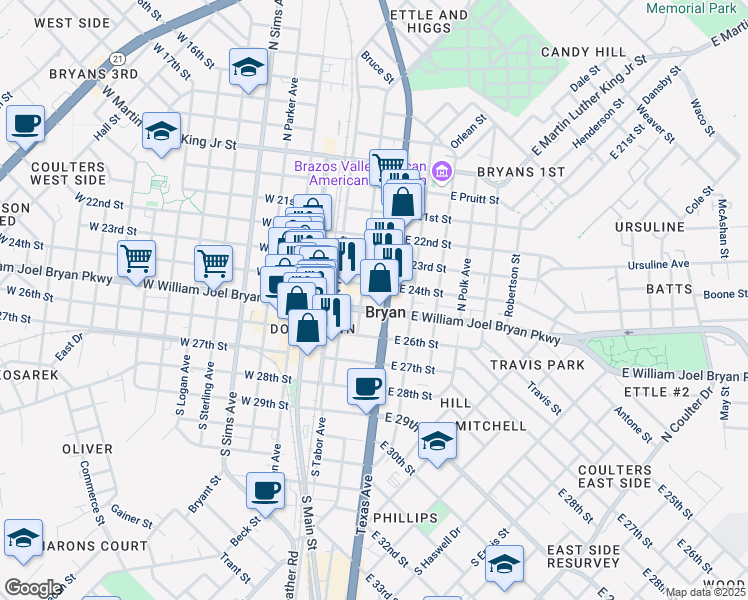 map of restaurants, bars, coffee shops, grocery stores, and more near in Bryan