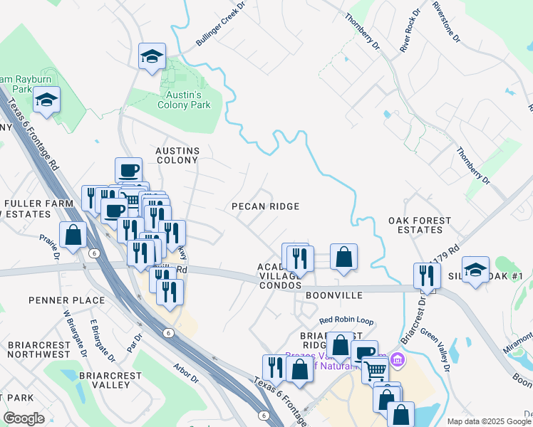 map of restaurants, bars, coffee shops, grocery stores, and more near 3610 Mahan Street in Bryan