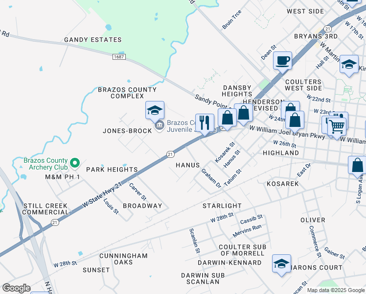 map of restaurants, bars, coffee shops, grocery stores, and more near 1904 State Highway 21 West in Bryan