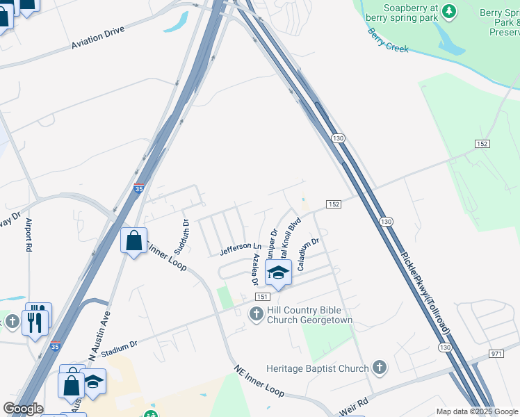 map of restaurants, bars, coffee shops, grocery stores, and more near 107 Osage Court in Georgetown