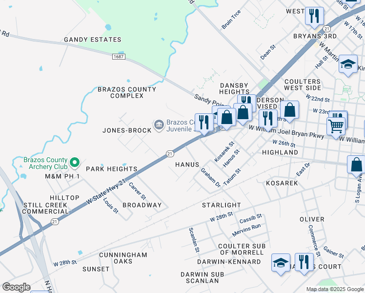 map of restaurants, bars, coffee shops, grocery stores, and more near 1904 State Highway 21 West in Bryan