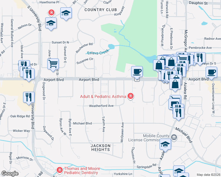 map of restaurants, bars, coffee shops, grocery stores, and more near 263 Thrift Street in Mobile