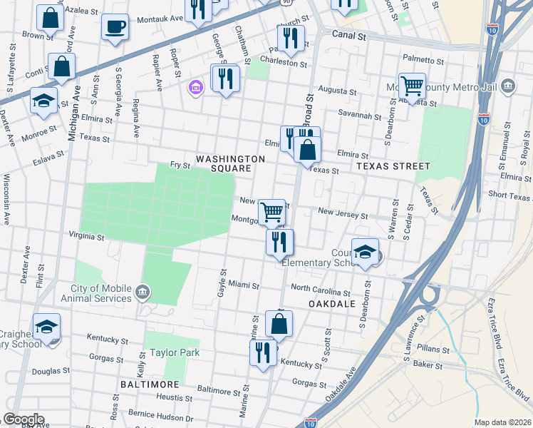 map of restaurants, bars, coffee shops, grocery stores, and more near 953 New Jersey Street in Mobile