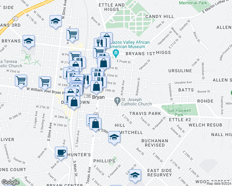 map of restaurants, bars, coffee shops, grocery stores, and more near 209 North Preston Avenue in Bryan