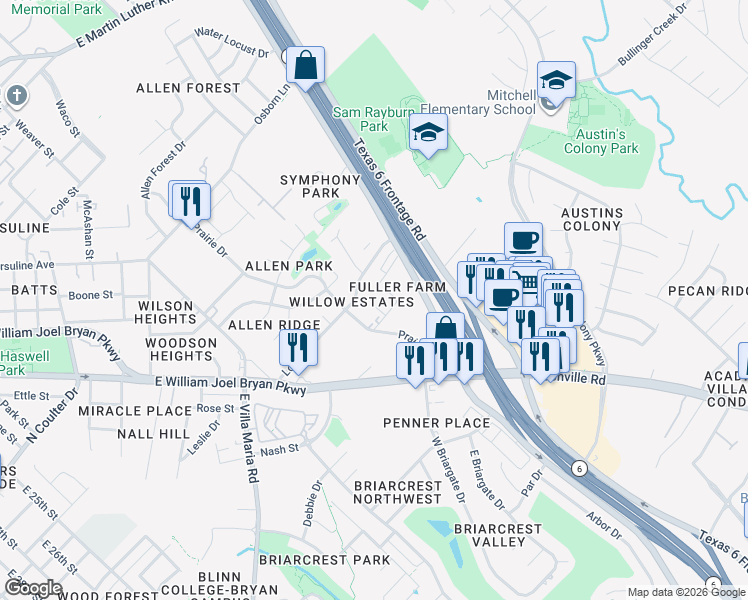 map of restaurants, bars, coffee shops, grocery stores, and more near 2408 Long Drive in Bryan