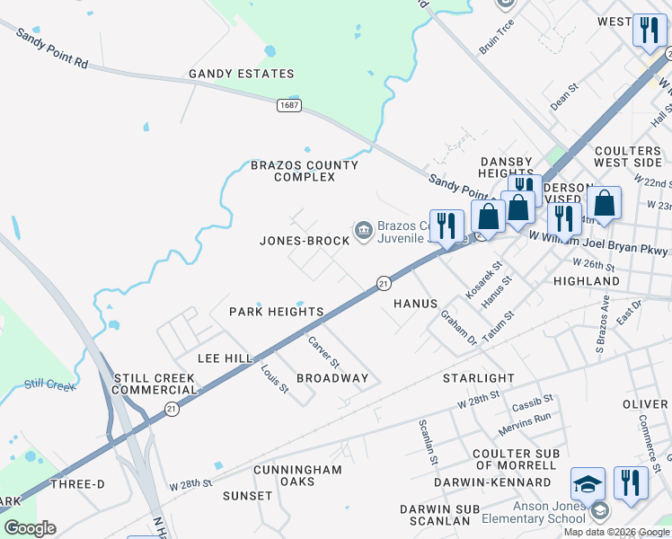 map of restaurants, bars, coffee shops, grocery stores, and more near 1707 Newton St in Bryan