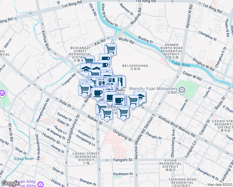 map of restaurants, bars, coffee shops, grocery stores, and more near in Chengdu