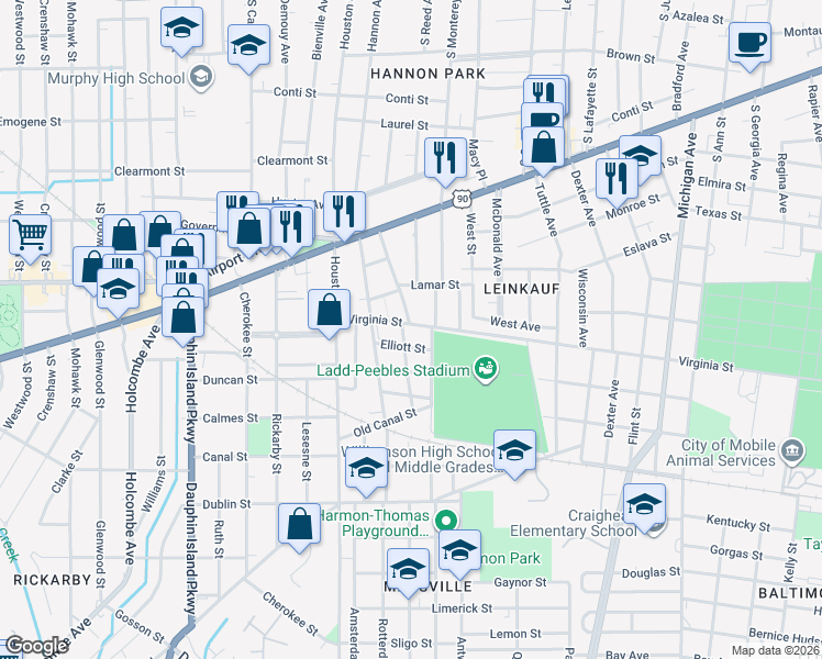map of restaurants, bars, coffee shops, grocery stores, and more near 1659 Virginia Street in Mobile