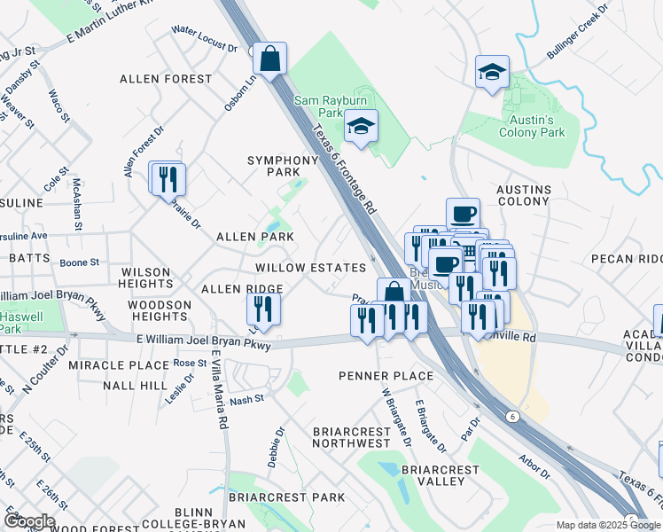 map of restaurants, bars, coffee shops, grocery stores, and more near 1500 Maglothin Court in Bryan