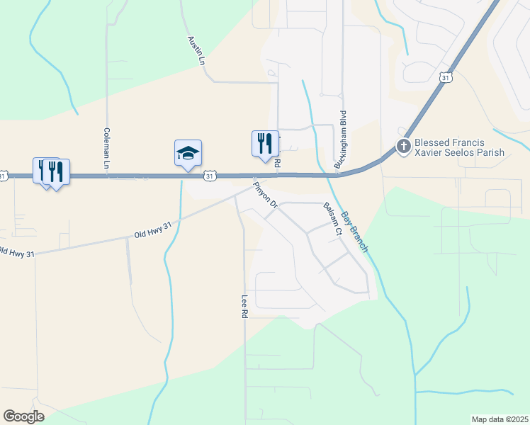 map of restaurants, bars, coffee shops, grocery stores, and more near 11555 Balsam Court in Spanish Fort